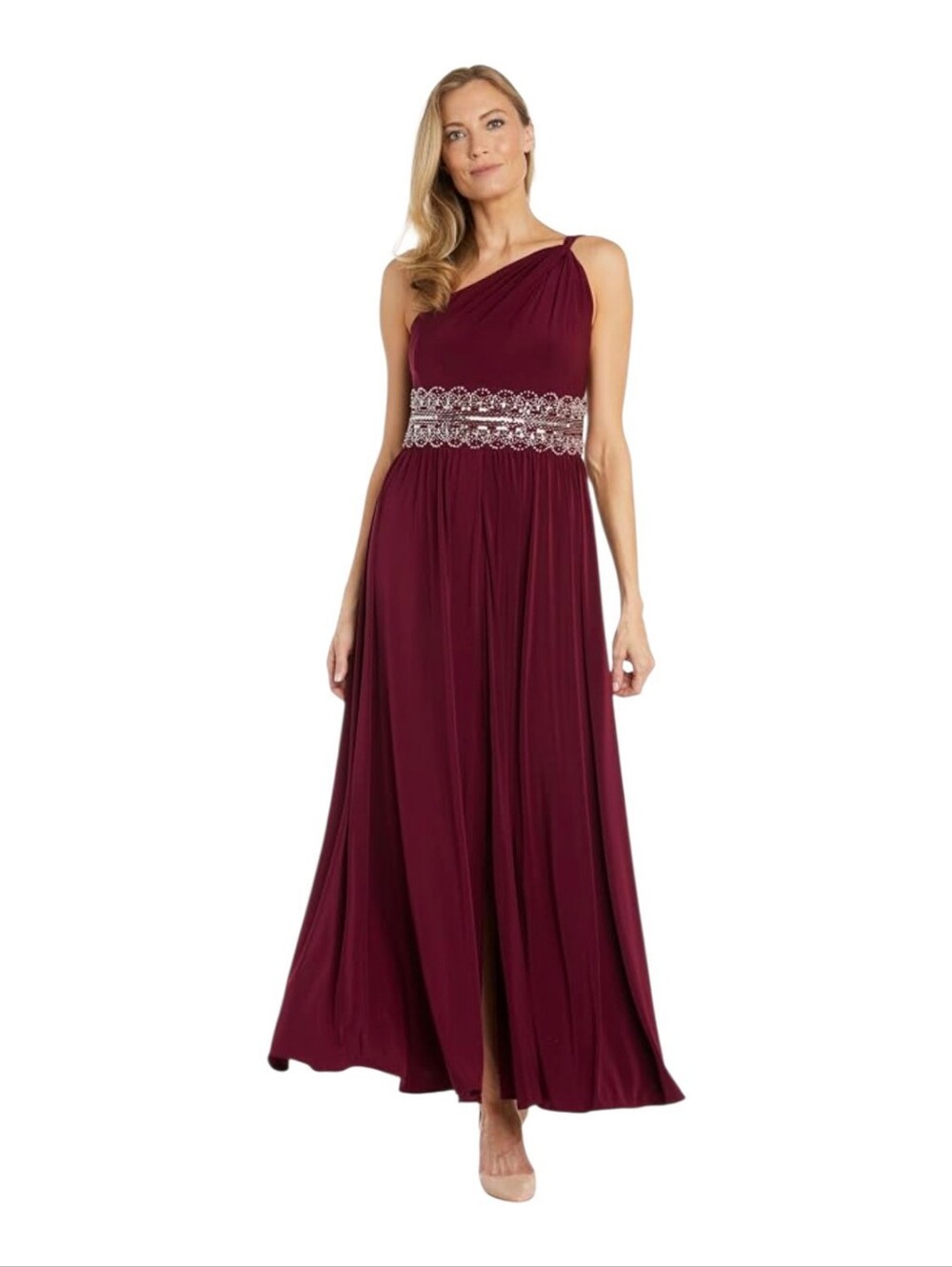 One-Shoulder Merlot Evening Gown with Beaded Waist